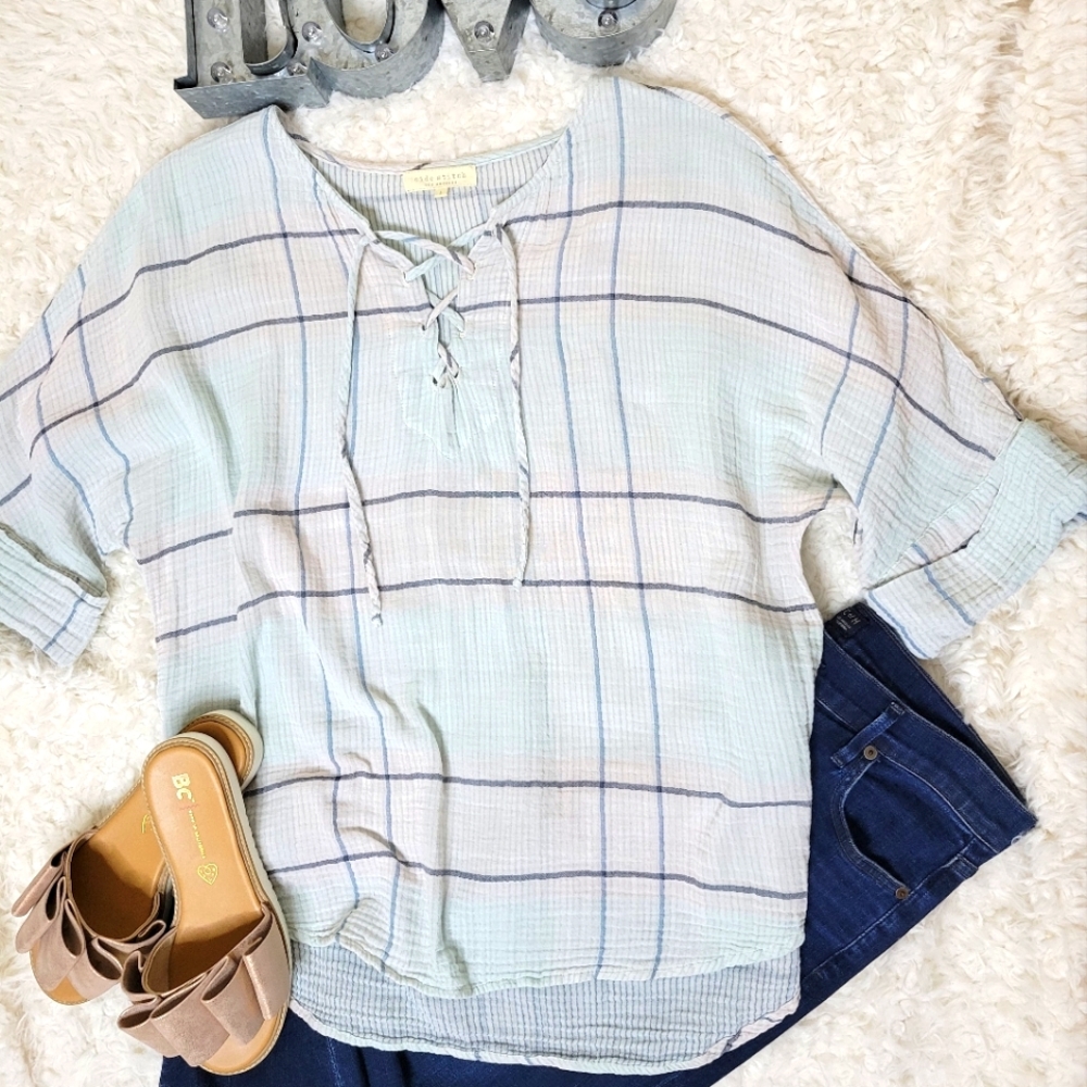 100%cotton lace up neck plaid tunic from sidestitch Los Angeles